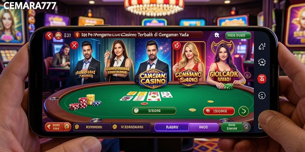 Screenshot gameplay CEMARA77 menampilkan dealer langsung dan suasana kasino yang seru.