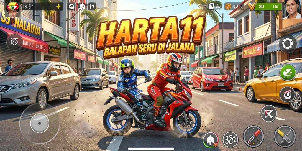 Tampilan aksi balapan mendebarkan di HARTA11 dengan grafis berkualitas tinggi.