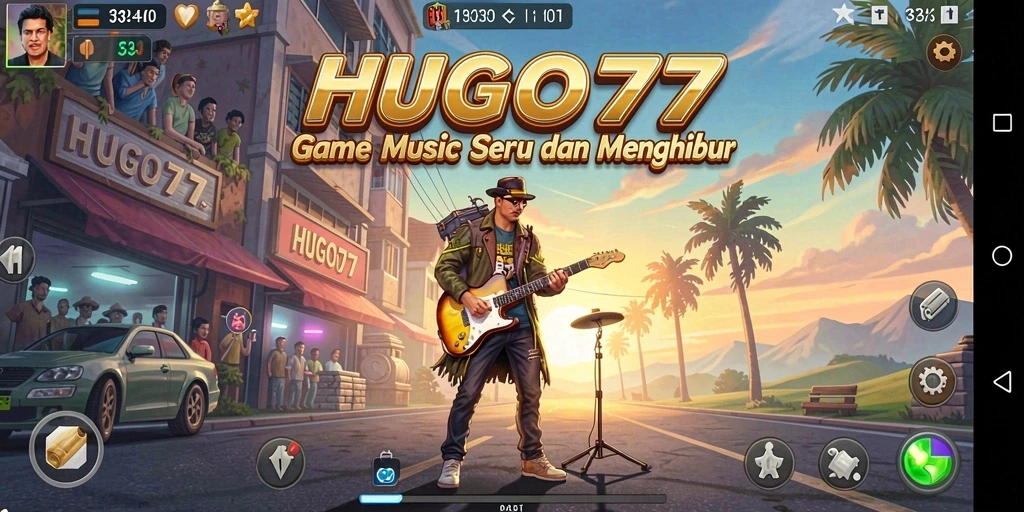 Tampilan gameplay seru HUGO77 yang penuh warna dan musik.