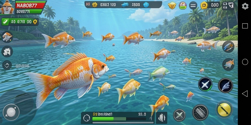Tampilan gameplay seru saat menembak ikan di bawah laut.