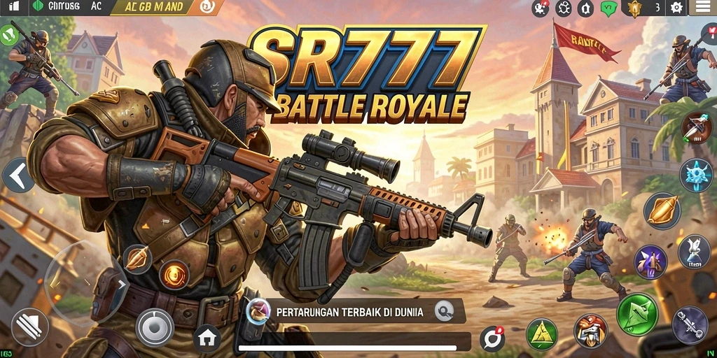 Screenshot utama SR777 menampilkan aksi seru dalam gameplay Battle Royale.